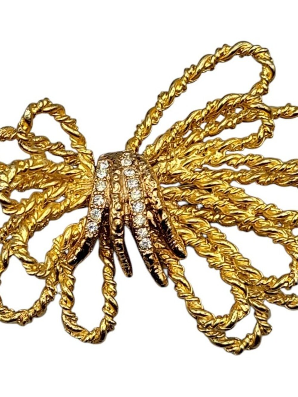 Vintage Bow Brooch Large Twisted Rope w/Rhinestone Accents Bright Gold Tone - Picture 3 of 6
